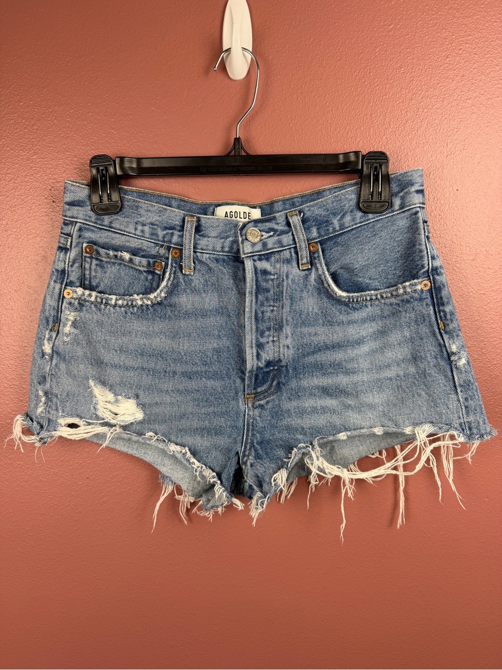 AGOLDE Parker Distressed Denim Cut Off Shorts Frayed Hem Light Blue